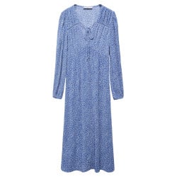 Robe longue bleu à pois avec un col v une coupe midi et à manches longues