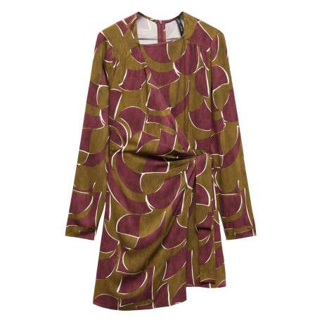 Robe courte rouge imprimé géométrique avec coupe portefeuille et col asymétrique - Image 5