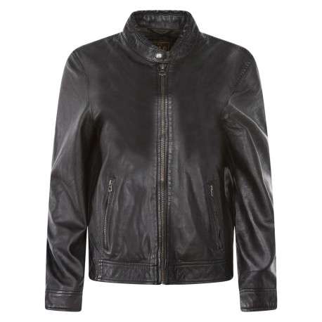 Blouson en cuir noir uni avec une coupe droite et un col rond