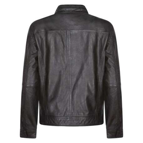 Blouson en cuir noir uni avec une coupe droite et un col rond - Image 2