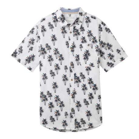 Chemise en coton et lin mélangé blanche imprimée coupe droite col français