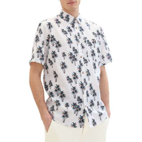 Chemise en coton et lin mélangé blanche imprimée coupe droite col français - Image 2