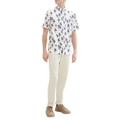Chemise en coton et lin mélangé blanche imprimée coupe droite col français - Image 3