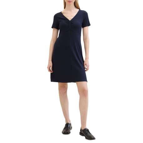 Robe courte marine unie coupe ajustée col v et à manches courtes - Image 2