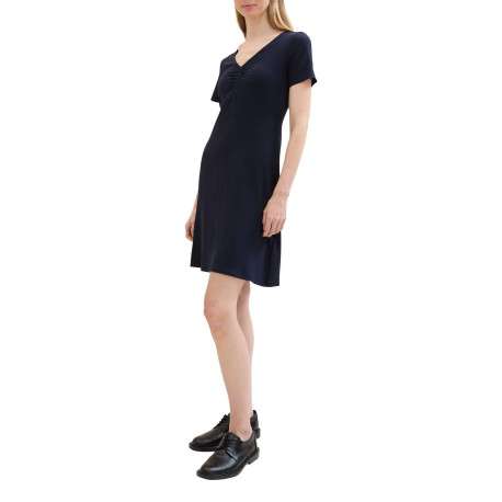 Robe courte marine unie coupe ajustée col v et à manches courtes - Image 3