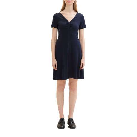 Robe courte marine unie coupe ajustée col v et à manches courtes - Image 5