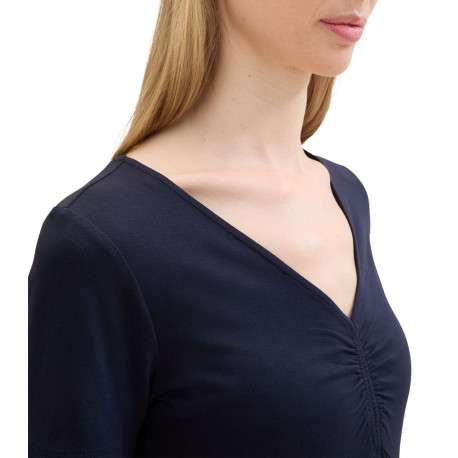 Robe courte marine unie coupe ajustée col v et à manches courtes - Image 6