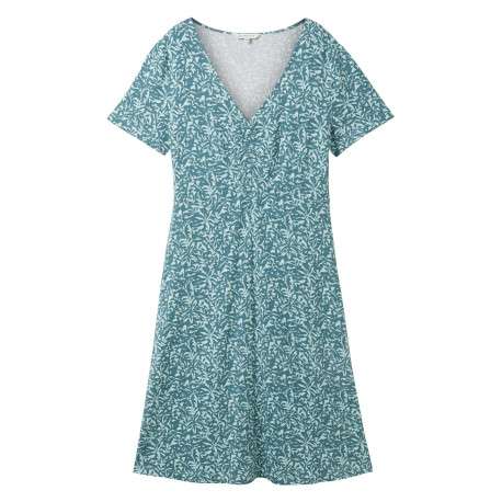 Robe courte verte fleurie coupe droite col v et à manches courtes