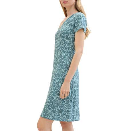 Robe courte verte fleurie coupe droite col v et à manches courtes - Image 2