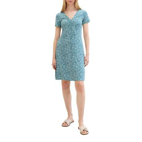 Robe courte verte fleurie coupe droite col v et à manches courtes - Image 3