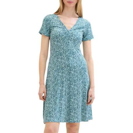 Robe courte verte fleurie coupe droite col v et à manches courtes - Image 5