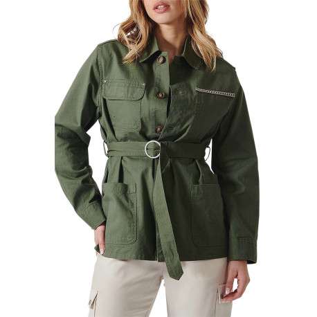 Veste Coral kaki unie à coupe droite col français et à manches longues - Image 2