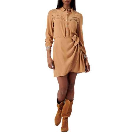 Robe courte camel unie à coupe portefeuille col français et à manches longues