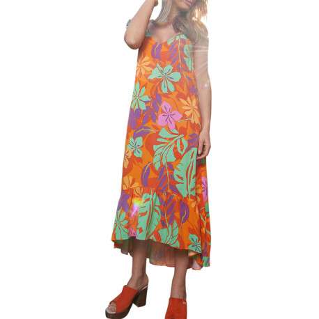 Robe mi-longue à bretelles Isoline multicolore fleurie à coupe asymétrique