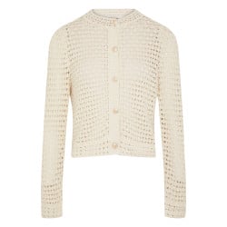 Cardigan en coton beige clair en dentelle crochet à coupe droite et col rond