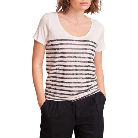 T-shirt Giulia en coton écru rayé avec une coupe droite et un col rond