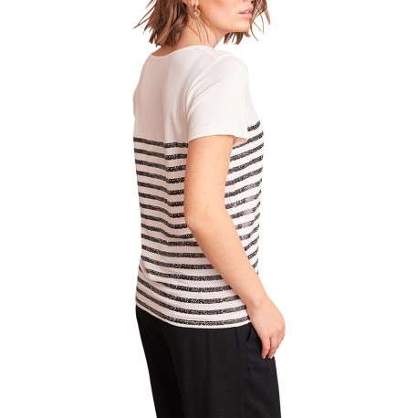 T-shirt Giulia en coton écru rayé avec une coupe droite et un col rond - Image 3