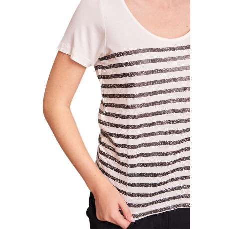 T-shirt Giulia en coton écru rayé avec une coupe droite et un col rond - Image 4