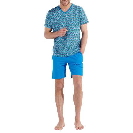 Pyjama court en coton bleu imprimé géométrique à coupe fermée et col v