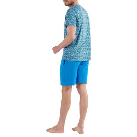 Pyjama court en coton bleu imprimé géométrique à coupe fermée et col v - Image 2
