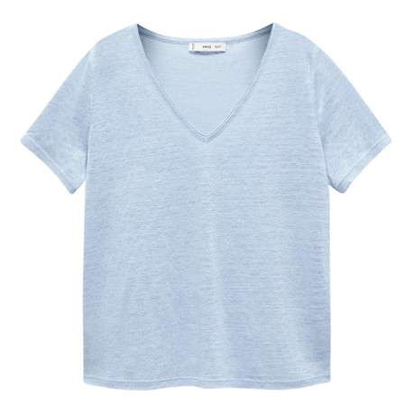 T-shirt en lin blanc en maille dévorée avec un col v et une coupe droite