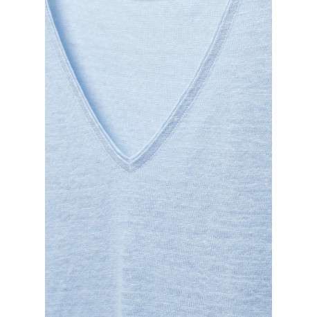 T-shirt en lin blanc en maille dévorée avec un col v et une coupe droite - Image 2