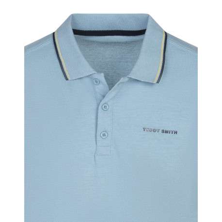 Polo en coton bleu uni avec une coupe droite liseré sur le col et les manches - Image 3
