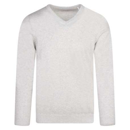 Pull en coton écru chiné uni avec un col v et une coupe droite
