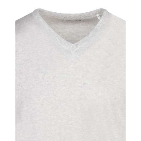 Pull en coton écru chiné uni avec un col v et une coupe droite - Image 3