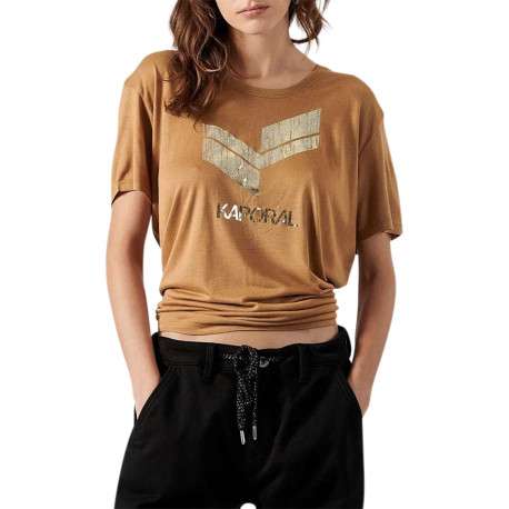 T-shirt camel uni avec une coupe droite col rond et à manches courtes