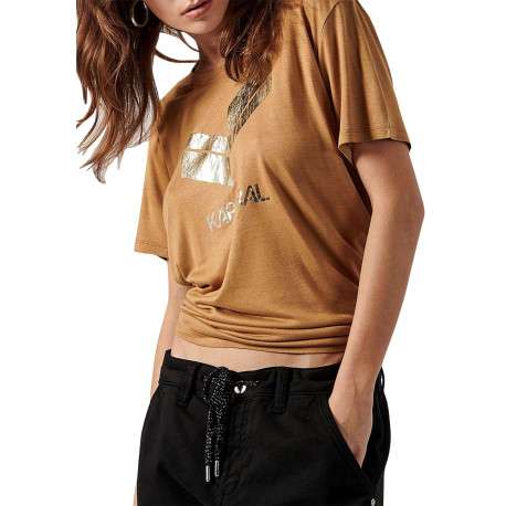 T-shirt camel uni avec une coupe droite col rond et à manches courtes - Image 3