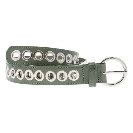 Ceinture en cuir kaki unie avec oeillets en métal argenté all over