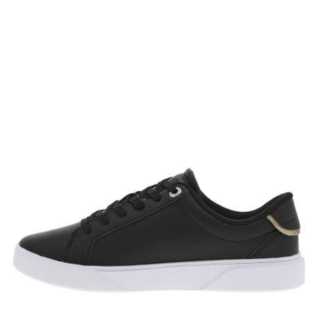 Baskets basses tennis en cuir noires et dorées à lacets plats