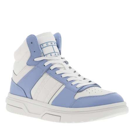 Baskets montantes en cuir bleu ciel et blanches avec drapeau logotypé - Image 3