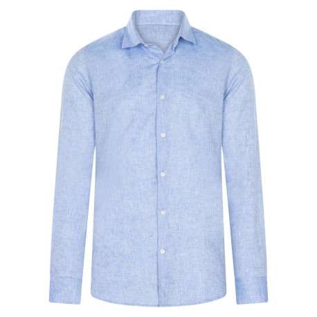 Chemise en lin et coton bleue chiné avec un col français et une coupe ajustée
