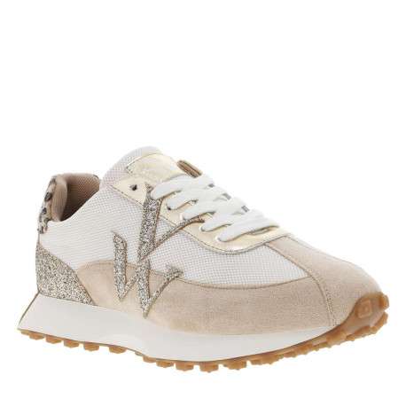 Baskets basses running beige avec des lacets plats et patchwork - Image 8