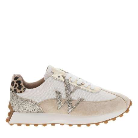 Baskets basses running beige avec des lacets plats et patchwork - Image 6