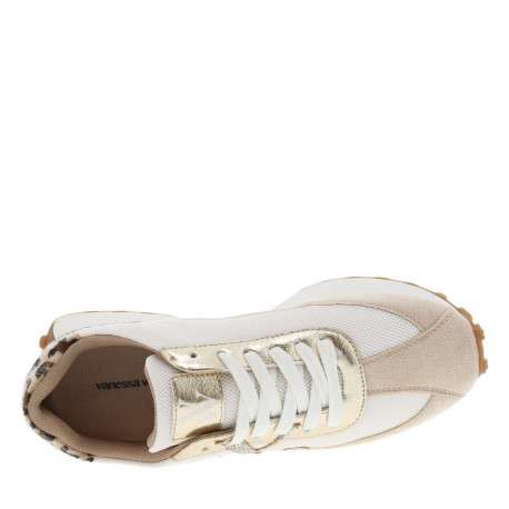 Baskets basses running beige avec des lacets plats et patchwork - Image 9