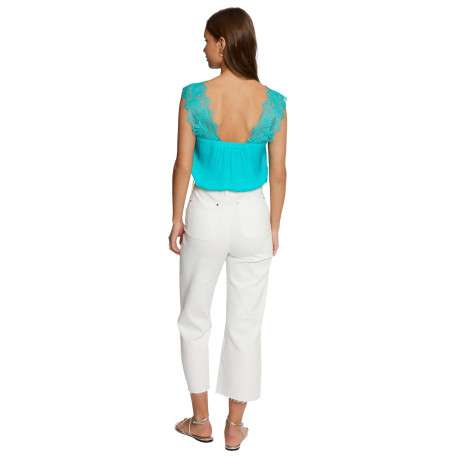 Top sans manches turquoise en dentelle à coupe droite et col v - Image 2