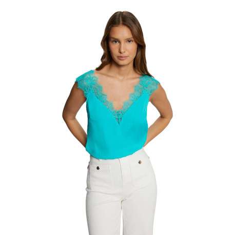 Top sans manches turquoise en dentelle à coupe droite et col v - Image 3
