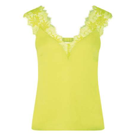 Top sans manches jaune en dentelle avec une coupe droite et un col v
