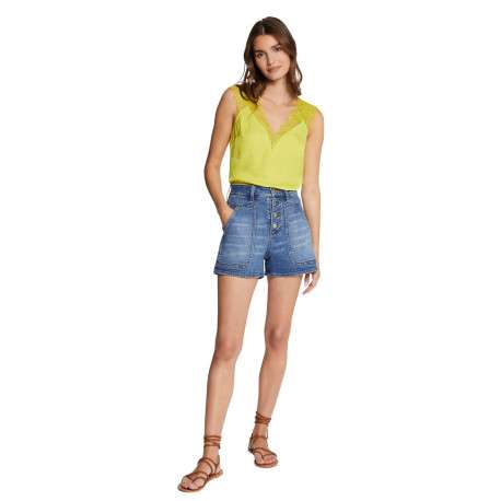 Top sans manches jaune en dentelle avec une coupe droite et un col v - Image 5