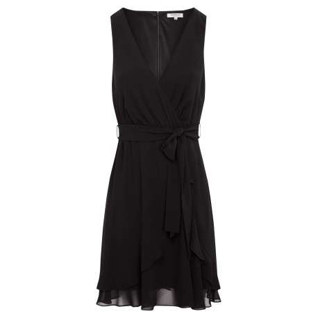 Robe courte sans manches noire unie avec une coupe ajustée et un col v