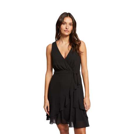 Robe courte sans manches noire unie avec une coupe ajustée et un col v - Image 4
