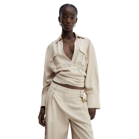 Chemisier beige uni avec une coupe droite et un col v à manches longues - Image 2