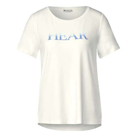 T-shirt écru uni à sequins avec une coupe droite et un col rond