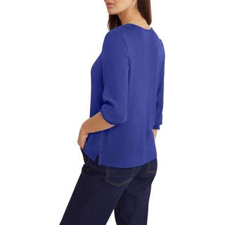 Chemisier bleu uni bi matière avec une coupe droite et un col v - Image 2