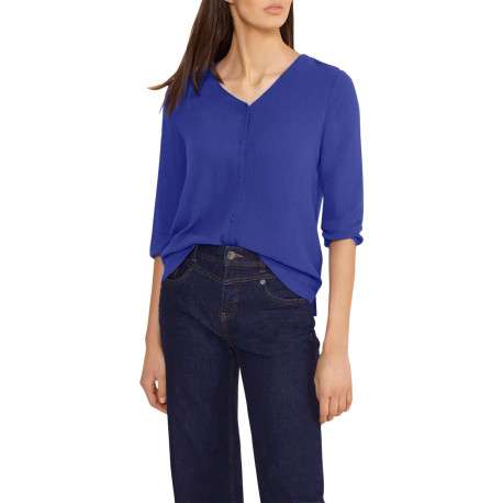 Chemisier bleu uni bi matière avec une coupe droite et un col v - Image 3