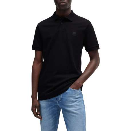 Polo en coton noir uni avec une coupe droite et logo iconique - Image 3