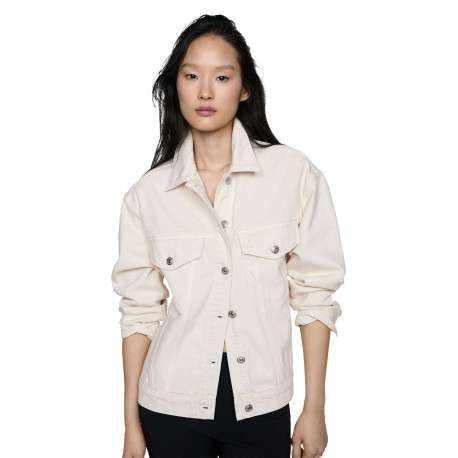 Veste en jean en coton écrue unie à col français avec deux poches boutonnées - Image 2